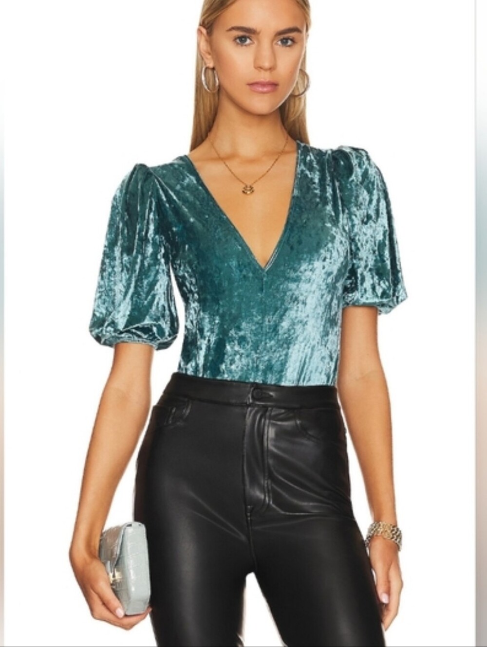 Free People Velvet Puff-Sleeve V-Neck Bodysuit Green Teal